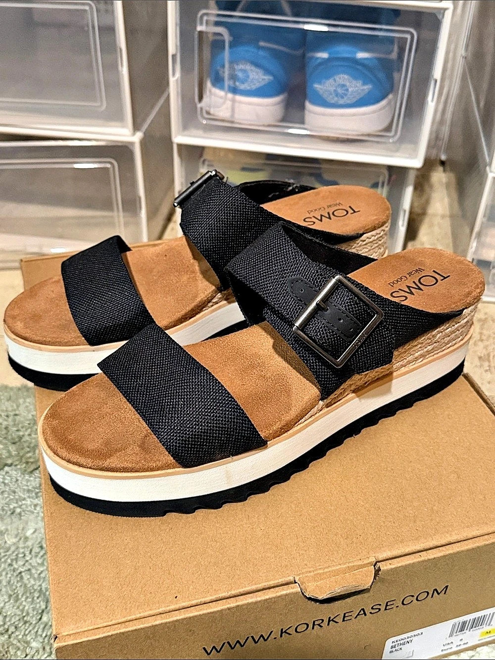 TOMS Diana Mule Buckle Wedge Sandal Black & White US 9